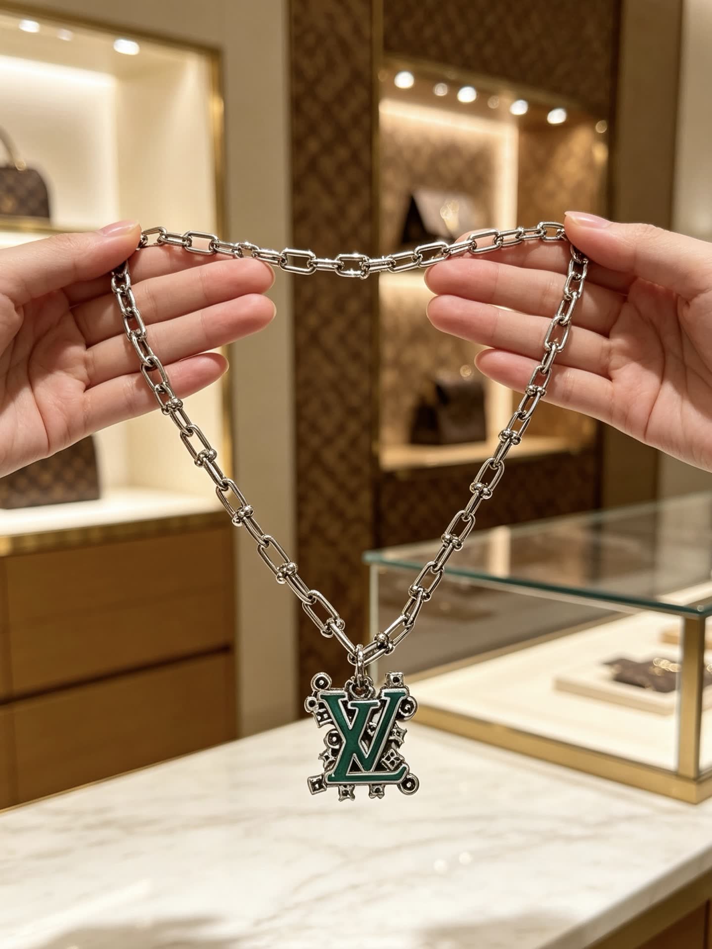 Louis Vuitton Silver Tone Chain Necklace with LV Pendant